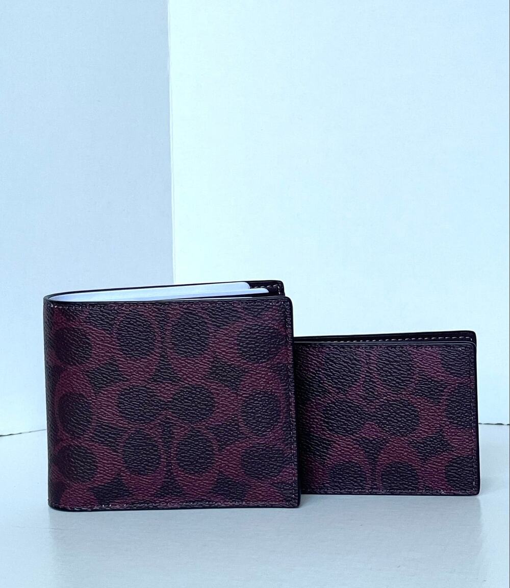 Coach CW380 Mens Black Currant Signature Canvas 3-in-1 Wallet